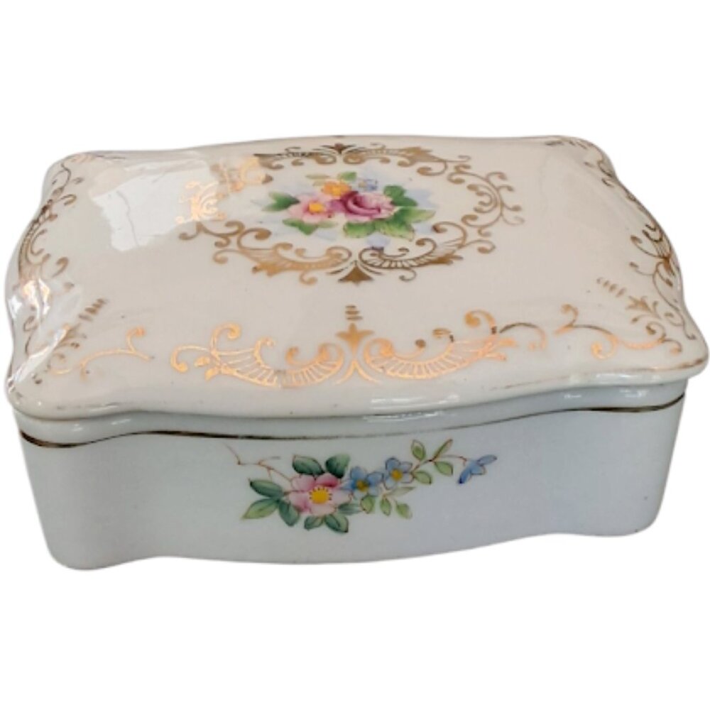 Vintage Made in Occupied Japan, Trinket Box - Floral w/Gold Accents